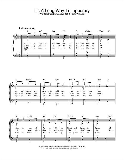 Preview Jack Judge It's A Long Way To Tipperary Folk sheet music, notes and chords for Piano, Vocal & Guitar (Right-Hand Melody), SKU: 17381 sheet music, piano notes, chords, guitar tabs, score, transpose, transcribe, how to play, guide, download, learn, tutorial, progression, song, artist, awards, billboard, mtv, vh1, tour, single, album, release