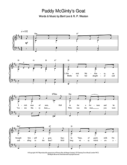 Preview Bert Lee Paddy McGinty's Goat Folk sheet music, notes and chords for Piano, Vocal & Guitar (Right-Hand Melody), SKU: 17383 sheet music, piano notes, chords, guitar tabs, score, transpose, transcribe, how to play, guide, download, learn, tutorial, progression, song, artist, awards, billboard, mtv, vh1, tour, single, album, release