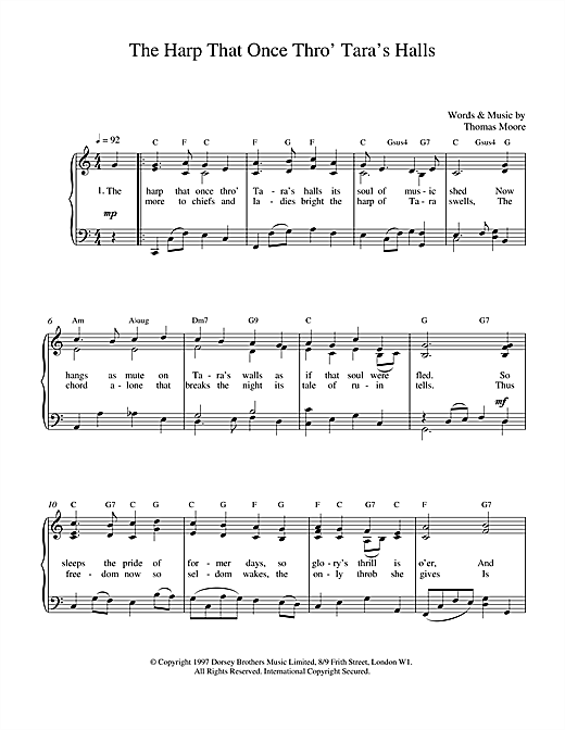 Preview Thomas Moore The Harp That Once Thro Tara's Halls Folk sheet music, notes and chords for Piano, Vocal & Guitar (Right-Hand Melody), SKU: 17386 sheet music, piano notes, chords, guitar tabs, score, transpose, transcribe, how to play, guide, download, learn, tutorial, progression, song, artist, awards, billboard, mtv, vh1, tour, single, album, release