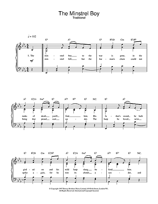 Preview Traditional The Minstrel Boy Folk sheet music, notes and chords for Piano, Vocal & Guitar (Right-Hand Melody), SKU: 17388 sheet music, piano notes, chords, guitar tabs, score, transpose, transcribe, how to play, guide, download, learn, tutorial, progression, song, artist, awards, billboard, mtv, vh1, tour, single, album, release