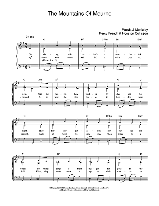 Preview Percy French The Mountains Of Mourne Folk sheet music, notes and chords for Piano, Vocal & Guitar (Right-Hand Melody), SKU: 17389 sheet music, piano notes, chords, guitar tabs, score, transpose, transcribe, how to play, guide, download, learn, tutorial, progression, song, artist, awards, billboard, mtv, vh1, tour, single, album, release