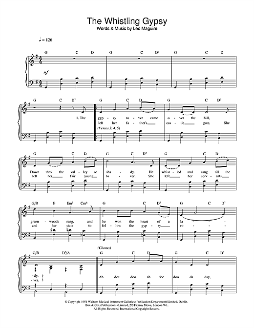Preview Leo Maguire Whistling Gypsy Folk sheet music, notes and chords for Piano, Vocal & Guitar (Right-Hand Melody), SKU: 17394 sheet music, piano notes, chords, guitar tabs, score, transpose, transcribe, how to play, guide, download, learn, tutorial, progression, song, artist, awards, billboard, mtv, vh1, tour, single, album, release
