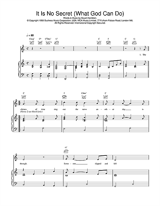 Preview Daniel O'Donnell It Is No Secret (What God Can Do) Easy Listening sheet music, notes and chords for Piano, Vocal & Guitar (Right-Hand Melody), SKU: 17416 sheet music, piano notes, chords, guitar tabs, score, transpose, transcribe, how to play, guide, download, learn, tutorial, progression, song, artist, awards, billboard, mtv, vh1, tour, single, album, release