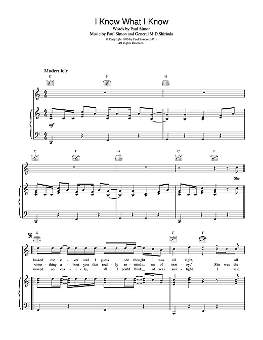 Preview Paul Simon I Know What I Know Pop sheet music, notes and chords for Piano, Vocal & Guitar (Right-Hand Melody), SKU: 17428 sheet music, piano notes, chords, guitar tabs, score, transpose, transcribe, how to play, guide, download, learn, tutorial, progression, song, artist, awards, billboard, mtv, vh1, tour, single, album, release