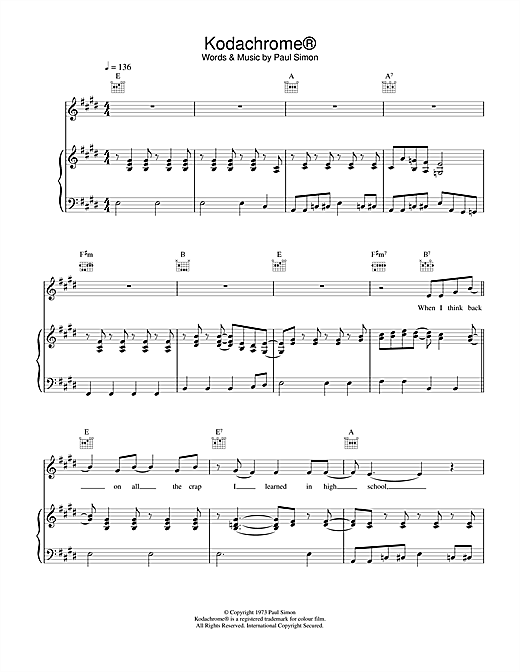 Preview Paul Simon Kodachrome™ Pop sheet music, notes and chords for Piano, Vocal & Guitar, SKU: 17432 sheet music, piano notes, chords, guitar tabs, score, transpose, transcribe, how to play, guide, download, learn, tutorial, progression, song, artist, awards, billboard, mtv, vh1, tour, single, album, release