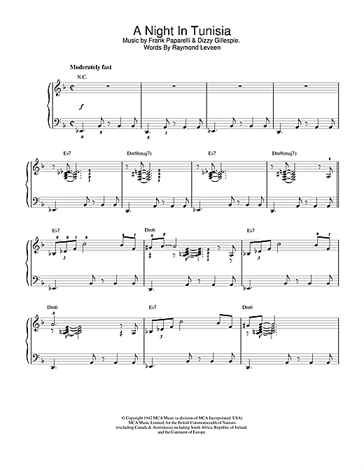 Preview Dizzy Gillespie A Night In Tunisia Jazz sheet music, notes and chords for Piano, SKU: 17437 sheet music, piano notes, chords, guitar tabs, score, transpose, transcribe, how to play, guide, download, learn, tutorial, progression, song, artist, awards, billboard, mtv, vh1, tour, single, album, release
