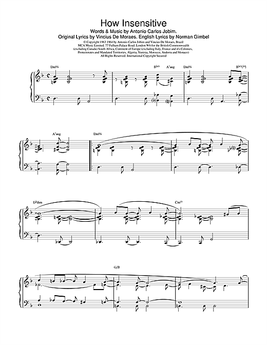 Preview Barry Harris How Insensitive Jazz sheet music, notes and chords for Piano, SKU: 17444 sheet music, piano notes, chords, guitar tabs, score, transpose, transcribe, how to play, guide, download, learn, tutorial, progression, song, artist, awards, billboard, mtv, vh1, tour, single, album, release