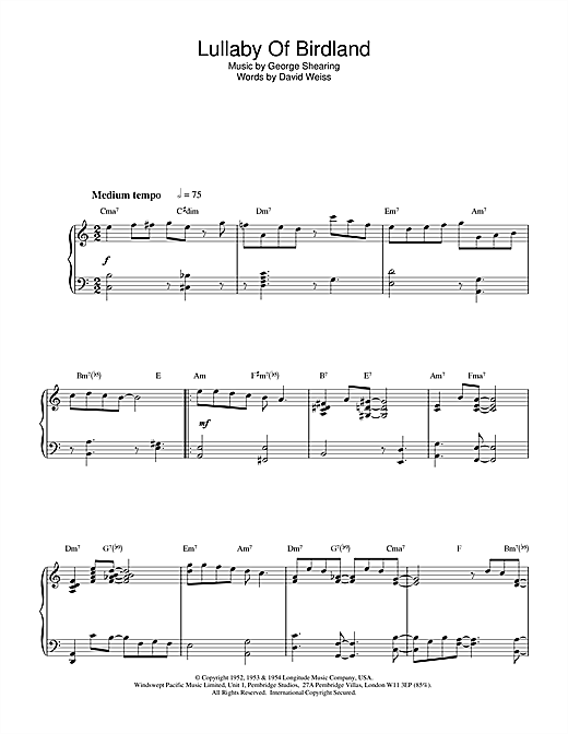 Preview Benny Golson Lullaby Of Birdland Jazz sheet music, notes and chords for Piano, SKU: 17449 sheet music, piano notes, chords, guitar tabs, score, transpose, transcribe, how to play, guide, download, learn, tutorial, progression, song, artist, awards, billboard, mtv, vh1, tour, single, album, release