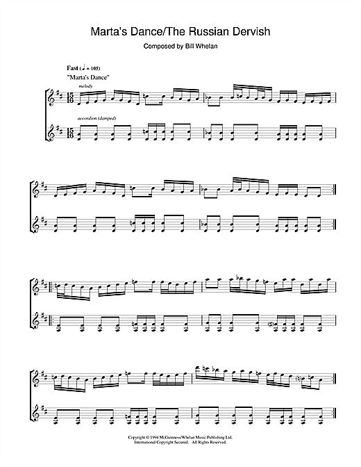 Preview Bill Whelan Marta's Dance/The Russian Dervish (from Riverdance) Musicals sheet music, notes and chords for Piano, SKU: 17450 sheet music, piano notes, chords, guitar tabs, score, transpose, transcribe, how to play, guide, download, learn, tutorial, progression, song, artist, awards, billboard, mtv, vh1, tour, single, album, release