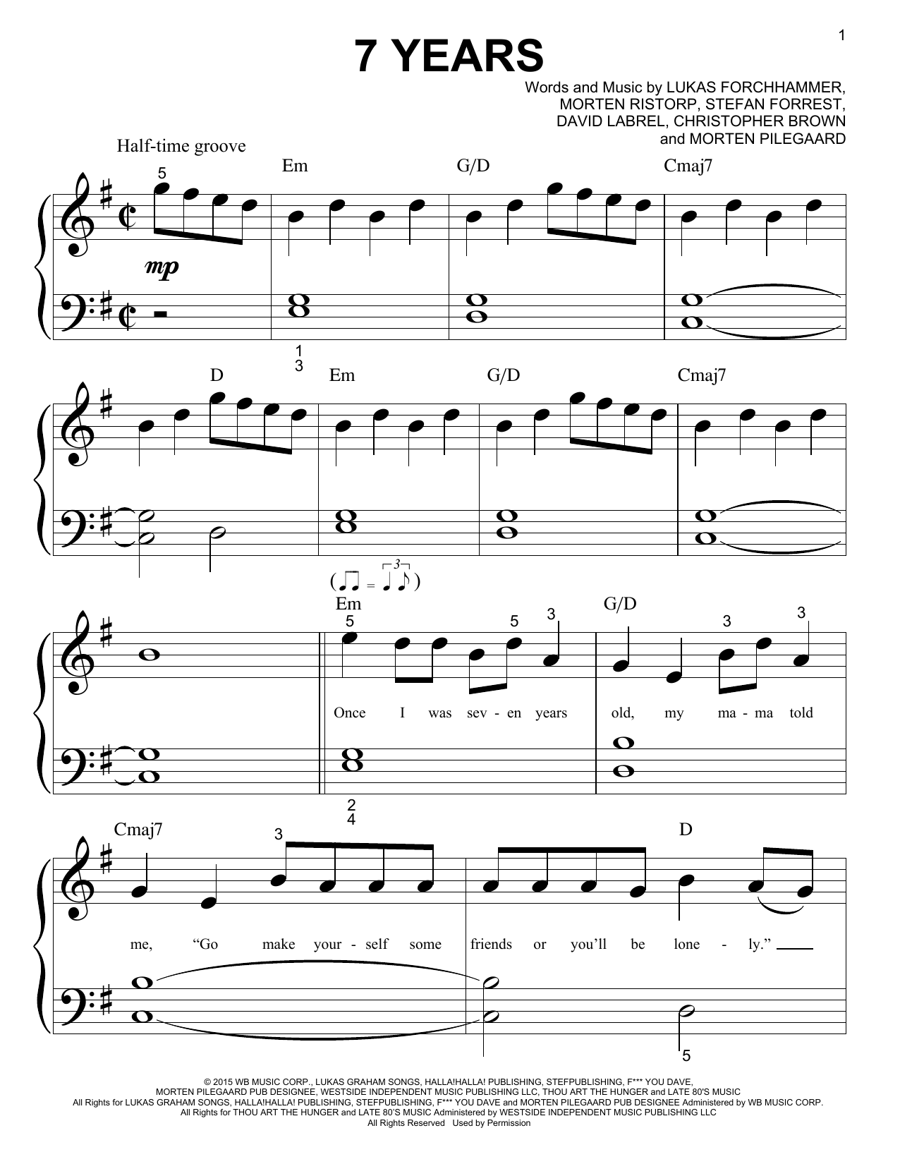 Preview Lukas Graham 7 Years Pop sheet music, notes and chords for Piano (Big Notes), SKU: 174526 sheet music, piano notes, chords, guitar tabs, score, transpose, transcribe, how to play, guide, download, learn, tutorial, progression, song, artist, awards, billboard, mtv, vh1, tour, single, album, release