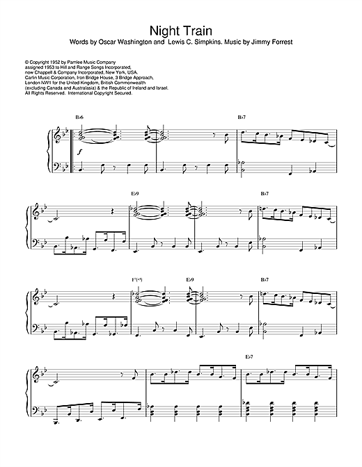 Preview Jimmy Forrest Night Train Jazz sheet music, notes and chords for Piano, SKU: 17454 sheet music, piano notes, chords, guitar tabs, score, transpose, transcribe, how to play, guide, download, learn, tutorial, progression, song, artist, awards, billboard, mtv, vh1, tour, single, album, release