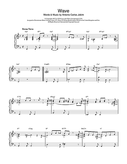 Preview Antonio Carlos Jobim Wave Jazz sheet music, notes and chords for Piano, SKU: 17463 sheet music, piano notes, chords, guitar tabs, score, transpose, transcribe, how to play, guide, download, learn, tutorial, progression, song, artist, awards, billboard, mtv, vh1, tour, single, album, release