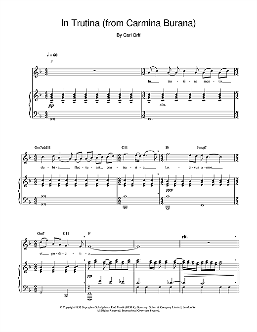 Preview Charlotte Church In Trutina (from Carmina Burana) Post-1900 sheet music, notes and chords for Piano, Vocal & Guitar, SKU: 17466 sheet music, piano notes, chords, guitar tabs, score, transpose, transcribe, how to play, guide, download, learn, tutorial, progression, song, artist, awards, billboard, mtv, vh1, tour, single, album, release