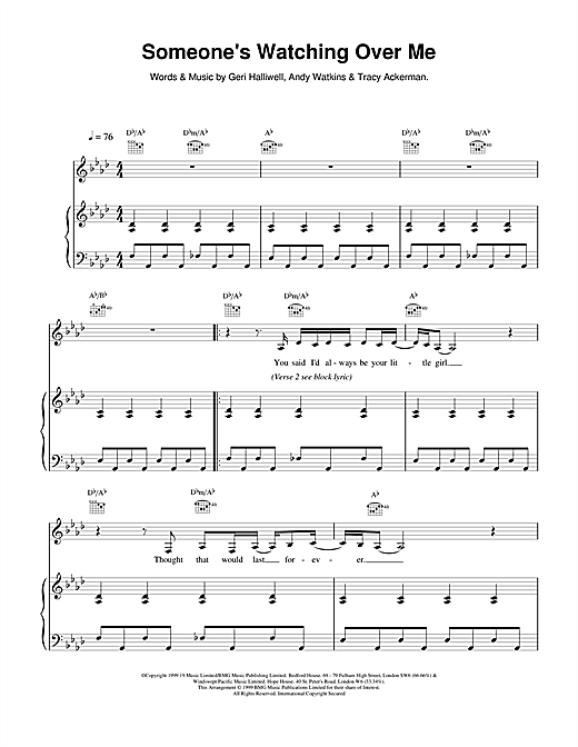 Preview Geri Halliwell Someone's Watching Over Me Pop sheet music, notes and chords for Violin, SKU: 17490 sheet music, piano notes, chords, guitar tabs, score, transpose, transcribe, how to play, guide, download, learn, tutorial, progression, song, artist, awards, billboard, mtv, vh1, tour, single, album, release
