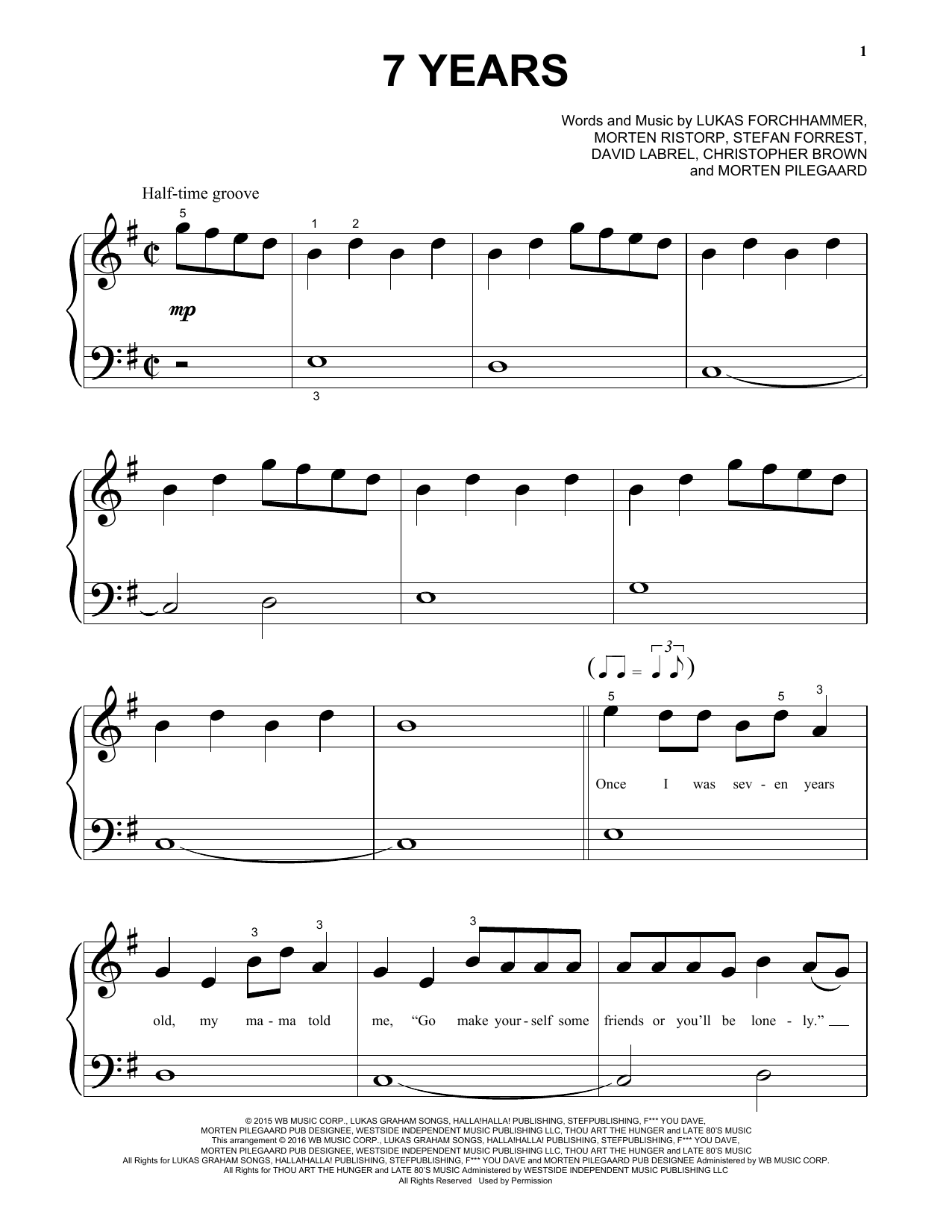 Preview Lukas Graham 7 Years Rock sheet music, notes and chords for Piano (Big Notes), SKU: 174972 sheet music, piano notes, chords, guitar tabs, score, transpose, transcribe, how to play, guide, download, learn, tutorial, progression, song, artist, awards, billboard, mtv, vh1, tour, single, album, release
