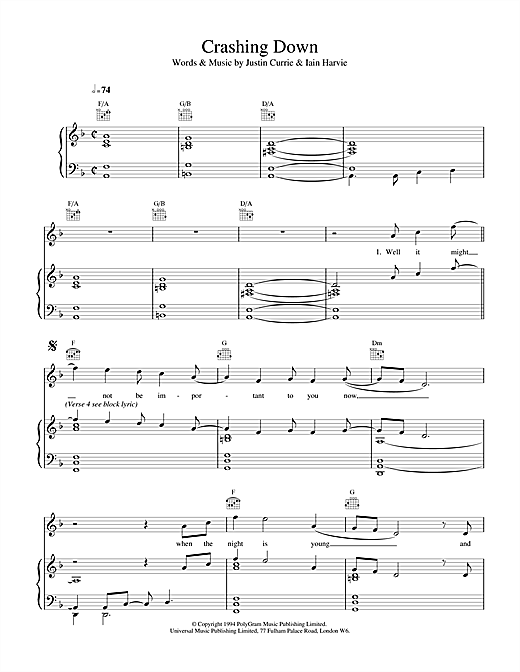 Preview Del Amitri Crashing Down Rock sheet music, notes and chords for Piano, Vocal & Guitar (Right-Hand Melody), SKU: 17508 sheet music, piano notes, chords, guitar tabs, score, transpose, transcribe, how to play, guide, download, learn, tutorial, progression, song, artist, awards, billboard, mtv, vh1, tour, single, album, release