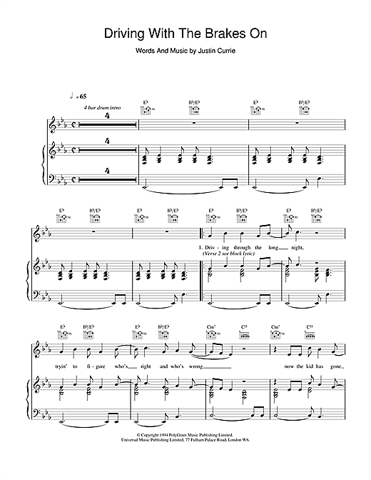 Preview Del Amitri Driving With The Brakes On Rock sheet music, notes and chords for Piano, Vocal & Guitar (Right-Hand Melody), SKU: 17511 sheet music, piano notes, chords, guitar tabs, score, transpose, transcribe, how to play, guide, download, learn, tutorial, progression, song, artist, awards, billboard, mtv, vh1, tour, single, album, release