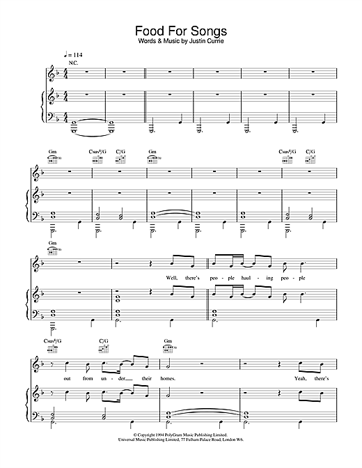 Preview Del Amitri Food For Songs Rock sheet music, notes and chords for Piano, Vocal & Guitar (Right-Hand Melody), SKU: 17513 sheet music, piano notes, chords, guitar tabs, score, transpose, transcribe, how to play, guide, download, learn, tutorial, progression, song, artist, awards, billboard, mtv, vh1, tour, single, album, release