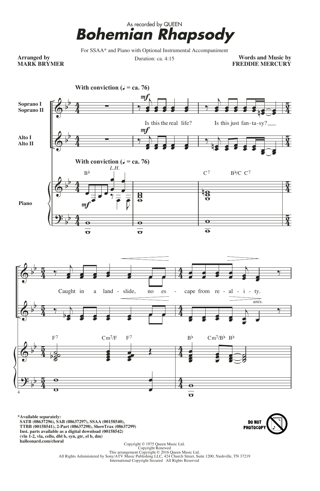 Preview Queen Bohemian Rhapsody (arr. Mark Brymer) Classical sheet music, notes and chords for SSAA, SKU: 175142 sheet music, piano notes, chords, guitar tabs, score, transpose, transcribe, how to play, guide, download, learn, tutorial, progression, song, artist, awards, billboard, mtv, vh1, tour, single, album, release