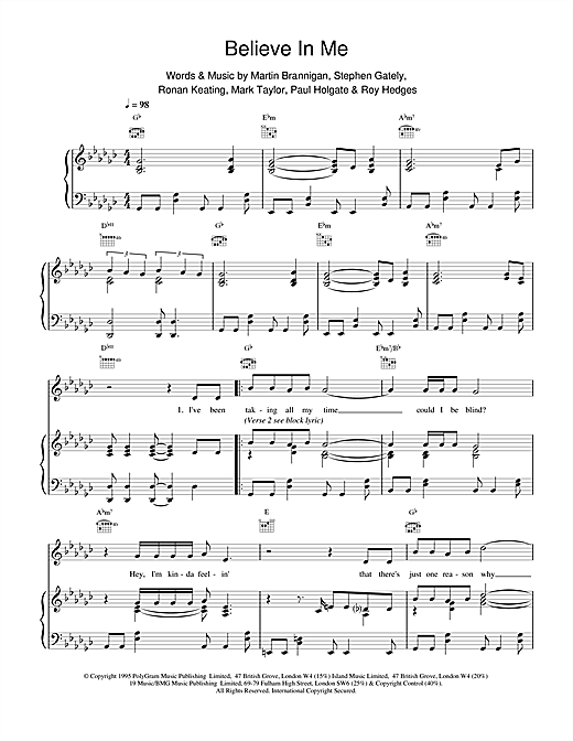 Preview Boyzone Believe In Me Pop sheet music, notes and chords for Piano, Vocal & Guitar (Right-Hand Melody), SKU: 17559 sheet music, piano notes, chords, guitar tabs, score, transpose, transcribe, how to play, guide, download, learn, tutorial, progression, song, artist, awards, billboard, mtv, vh1, tour, single, album, release