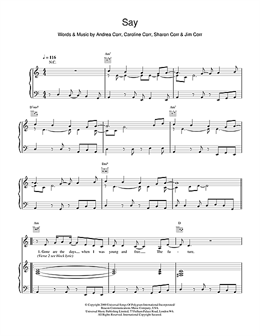 Preview The Corrs Say Folk sheet music, notes and chords for Piano, Vocal & Guitar, SKU: 17567 sheet music, piano notes, chords, guitar tabs, score, transpose, transcribe, how to play, guide, download, learn, tutorial, progression, song, artist, awards, billboard, mtv, vh1, tour, single, album, release