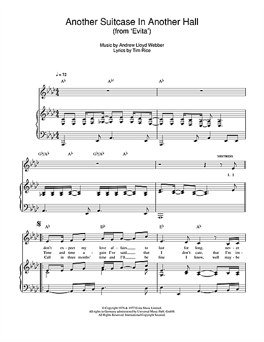 Preview Andrew Lloyd Webber Another Suitcase In Another Hall (from Evita) Musicals sheet music, notes and chords for Piano, Vocal & Guitar (Right-Hand Melody), SKU: 17570 sheet music, piano notes, chords, guitar tabs, score, transpose, transcribe, how to play, guide, download, learn, tutorial, progression, song, artist, awards, billboard, mtv, vh1, tour, single, album, release