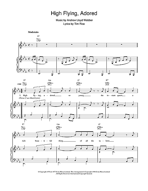 Preview Andrew Lloyd Webber High Flying, Adored (from Evita) Musicals sheet music, notes and chords for Piano, Vocal & Guitar (Right-Hand Melody), SKU: 17572 sheet music, piano notes, chords, guitar tabs, score, transpose, transcribe, how to play, guide, download, learn, tutorial, progression, song, artist, awards, billboard, mtv, vh1, tour, single, album, release