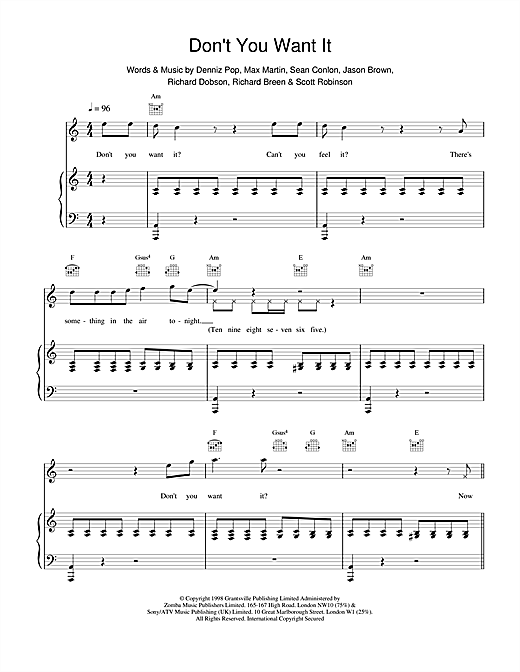 Preview Five Don't You Want It Pop sheet music, notes and chords for Piano, Vocal & Guitar, SKU: 17576 sheet music, piano notes, chords, guitar tabs, score, transpose, transcribe, how to play, guide, download, learn, tutorial, progression, song, artist, awards, billboard, mtv, vh1, tour, single, album, release