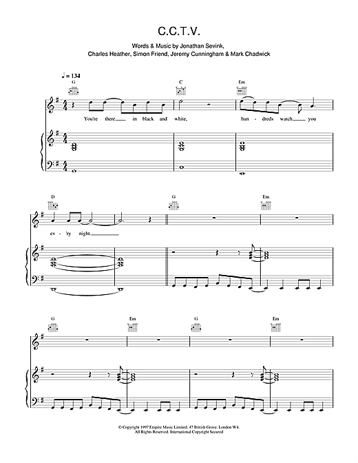 Preview The Levellers CCTV Rock sheet music, notes and chords for Piano, Vocal & Guitar, SKU: 17589 sheet music, piano notes, chords, guitar tabs, score, transpose, transcribe, how to play, guide, download, learn, tutorial, progression, song, artist, awards, billboard, mtv, vh1, tour, single, album, release