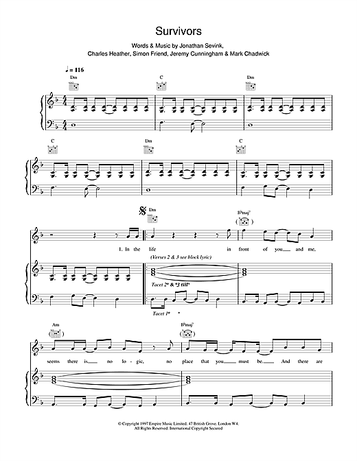 Preview The Levellers Survivors Rock sheet music, notes and chords for Piano, Vocal & Guitar, SKU: 17598 sheet music, piano notes, chords, guitar tabs, score, transpose, transcribe, how to play, guide, download, learn, tutorial, progression, song, artist, awards, billboard, mtv, vh1, tour, single, album, release