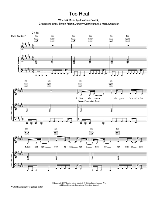 Preview The Levellers Too Real Rock sheet music, notes and chords for Piano, Vocal & Guitar (Right-Hand Melody), SKU: 17599 sheet music, piano notes, chords, guitar tabs, score, transpose, transcribe, how to play, guide, download, learn, tutorial, progression, song, artist, awards, billboard, mtv, vh1, tour, single, album, release