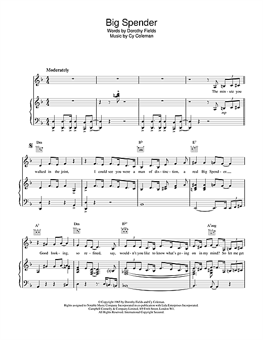 Preview Shirley Bassey Big Spender (from Sweet Charity) Soul sheet music, notes and chords for Piano, Vocal & Guitar (Right-Hand Melody), SKU: 17603 sheet music, piano notes, chords, guitar tabs, score, transpose, transcribe, how to play, guide, download, learn, tutorial, progression, song, artist, awards, billboard, mtv, vh1, tour, single, album, release