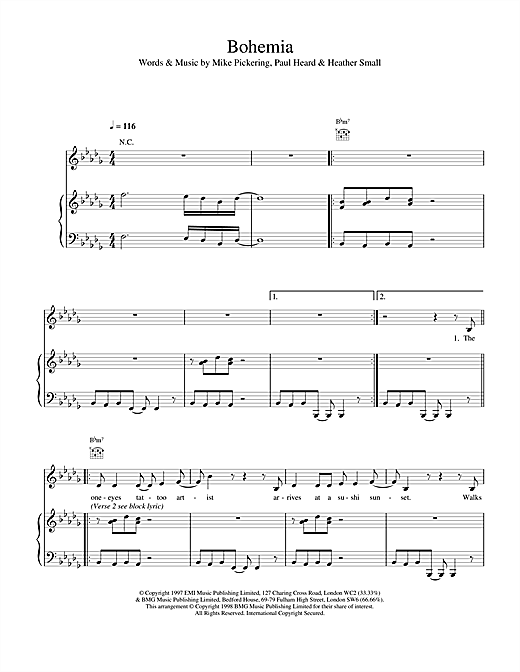Preview M People Bohemia Soul sheet music, notes and chords for Piano, Vocal & Guitar, SKU: 17605 sheet music, piano notes, chords, guitar tabs, score, transpose, transcribe, how to play, guide, download, learn, tutorial, progression, song, artist, awards, billboard, mtv, vh1, tour, single, album, release