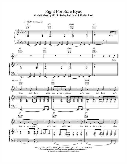 Preview M People Sight For Sore Eyes Soul sheet music, notes and chords for Piano, Vocal & Guitar, SKU: 17615 sheet music, piano notes, chords, guitar tabs, score, transpose, transcribe, how to play, guide, download, learn, tutorial, progression, song, artist, awards, billboard, mtv, vh1, tour, single, album, release