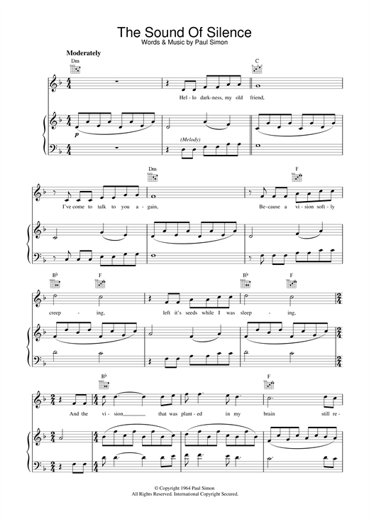 Preview Simon & Garfunkel The Sound Of Silence Pop sheet music, notes and chords for Piano, Vocal & Guitar, SKU: 17633 sheet music, piano notes, chords, guitar tabs, score, transpose, transcribe, how to play, guide, download, learn, tutorial, progression, song, artist, awards, billboard, mtv, vh1, tour, single, album, release