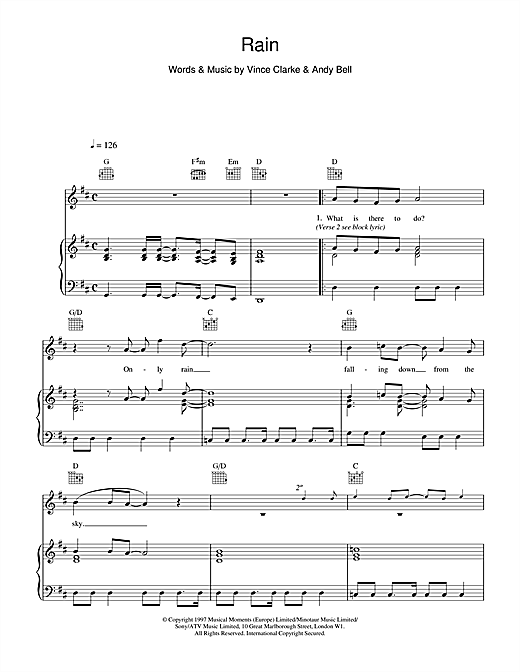 Preview Erasure Rain Pop sheet music, notes and chords for Piano, Vocal & Guitar (Right-Hand Melody), SKU: 17641 sheet music, piano notes, chords, guitar tabs, score, transpose, transcribe, how to play, guide, download, learn, tutorial, progression, song, artist, awards, billboard, mtv, vh1, tour, single, album, release