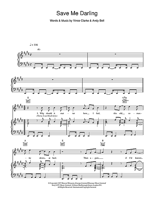 Preview Erasure Save Me Darling Pop sheet music, notes and chords for Piano, Vocal & Guitar (Right-Hand Melody), SKU: 17642 sheet music, piano notes, chords, guitar tabs, score, transpose, transcribe, how to play, guide, download, learn, tutorial, progression, song, artist, awards, billboard, mtv, vh1, tour, single, album, release