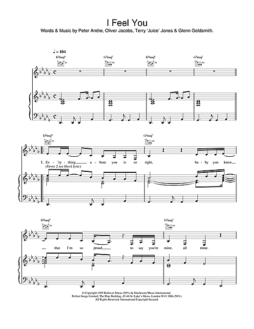 Preview Peter Andre I Feel You Pop sheet music, notes and chords for Piano, Vocal & Guitar (Right-Hand Melody), SKU: 17650 sheet music, piano notes, chords, guitar tabs, score, transpose, transcribe, how to play, guide, download, learn, tutorial, progression, song, artist, awards, billboard, mtv, vh1, tour, single, album, release