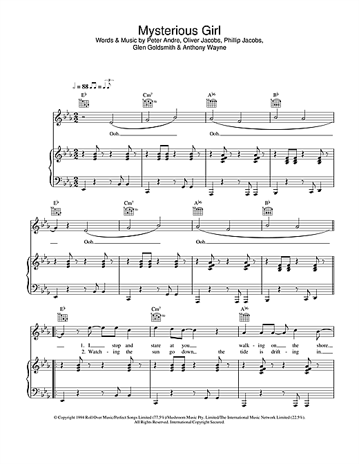 Preview Peter Andre Mysterious Girl Pop sheet music, notes and chords for Piano, Vocal & Guitar, SKU: 17651 sheet music, piano notes, chords, guitar tabs, score, transpose, transcribe, how to play, guide, download, learn, tutorial, progression, song, artist, awards, billboard, mtv, vh1, tour, single, album, release
