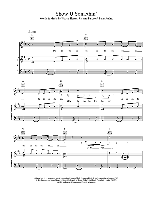 Preview Peter Andre Show U Somethin Pop sheet music, notes and chords for Piano, Vocal & Guitar (Right-Hand Melody), SKU: 17654 sheet music, piano notes, chords, guitar tabs, score, transpose, transcribe, how to play, guide, download, learn, tutorial, progression, song, artist, awards, billboard, mtv, vh1, tour, single, album, release