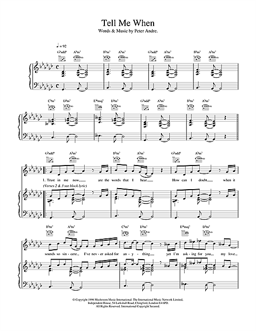 Preview Peter Andre Tell Me When Pop sheet music, notes and chords for Piano, Vocal & Guitar (Right-Hand Melody), SKU: 17655 sheet music, piano notes, chords, guitar tabs, score, transpose, transcribe, how to play, guide, download, learn, tutorial, progression, song, artist, awards, billboard, mtv, vh1, tour, single, album, release