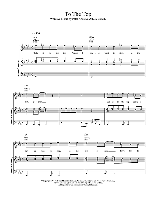 Preview Peter Andre To The Top Pop sheet music, notes and chords for Piano, Vocal & Guitar (Right-Hand Melody), SKU: 17656 sheet music, piano notes, chords, guitar tabs, score, transpose, transcribe, how to play, guide, download, learn, tutorial, progression, song, artist, awards, billboard, mtv, vh1, tour, single, album, release