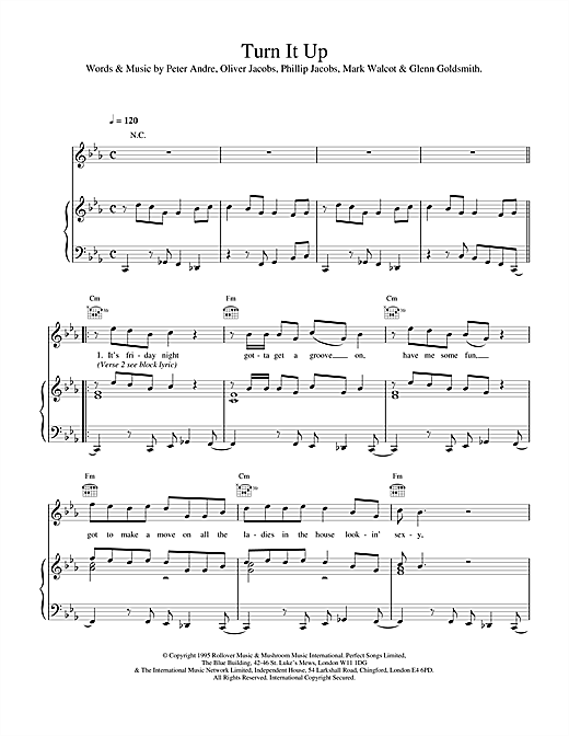 Preview Peter Andre Turn It Up Pop sheet music, notes and chords for Piano, Vocal & Guitar (Right-Hand Melody), SKU: 17657 sheet music, piano notes, chords, guitar tabs, score, transpose, transcribe, how to play, guide, download, learn, tutorial, progression, song, artist, awards, billboard, mtv, vh1, tour, single, album, release