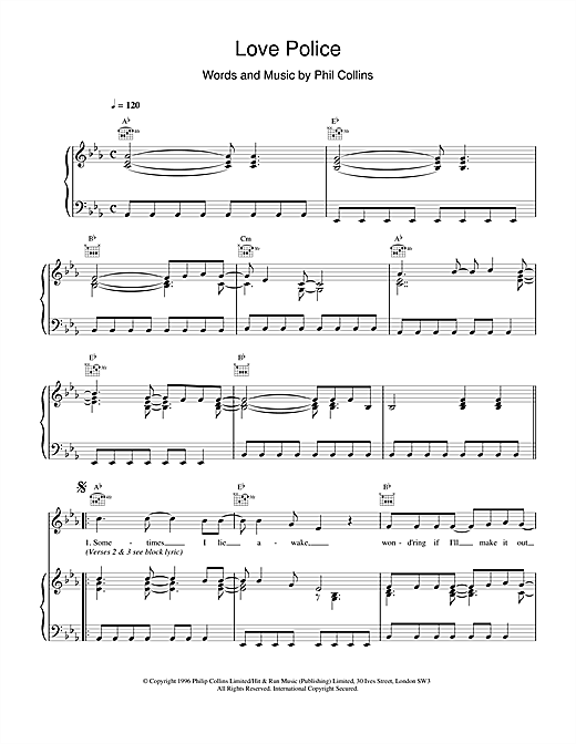 Preview Phil Collins Love Police Rock sheet music, notes and chords for Piano, Vocal & Guitar (Right-Hand Melody), SKU: 17663 sheet music, piano notes, chords, guitar tabs, score, transpose, transcribe, how to play, guide, download, learn, tutorial, progression, song, artist, awards, billboard, mtv, vh1, tour, single, album, release