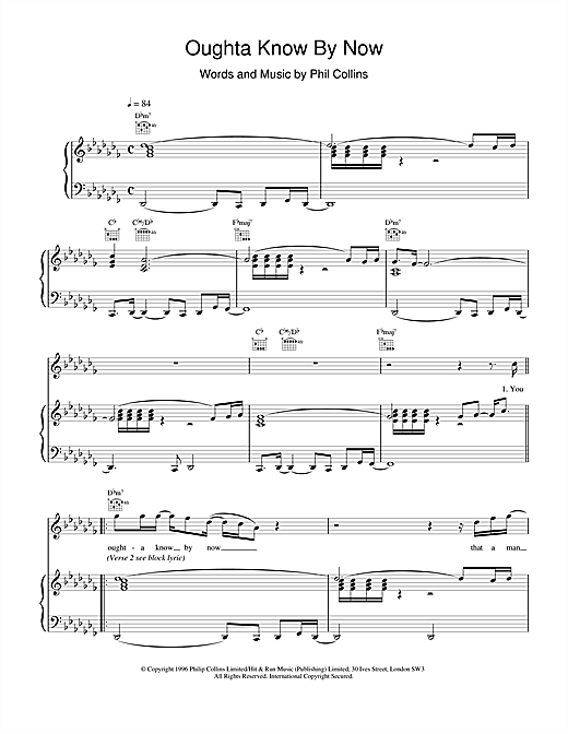 Preview Phil Collins Oughta Know By Now Rock sheet music, notes and chords for Piano, Vocal & Guitar, SKU: 17665 sheet music, piano notes, chords, guitar tabs, score, transpose, transcribe, how to play, guide, download, learn, tutorial, progression, song, artist, awards, billboard, mtv, vh1, tour, single, album, release