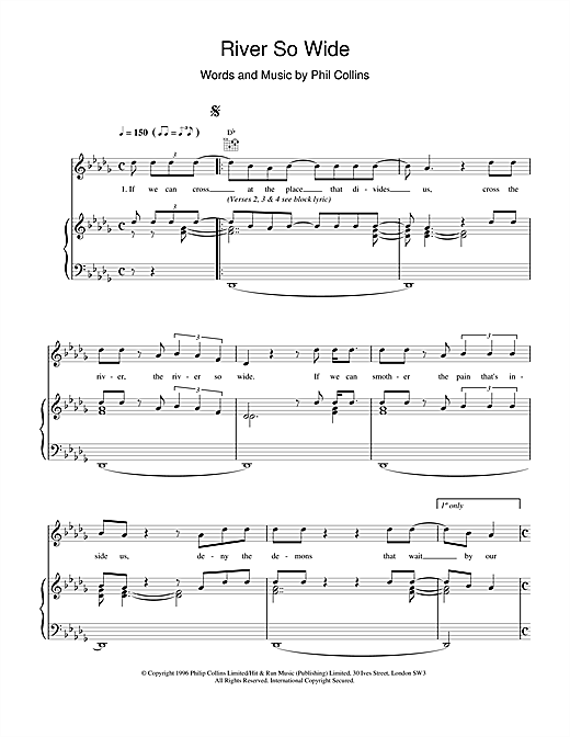 Preview Phil Collins River So Wide Rock sheet music, notes and chords for Piano, Vocal & Guitar (Right-Hand Melody), SKU: 17666 sheet music, piano notes, chords, guitar tabs, score, transpose, transcribe, how to play, guide, download, learn, tutorial, progression, song, artist, awards, billboard, mtv, vh1, tour, single, album, release