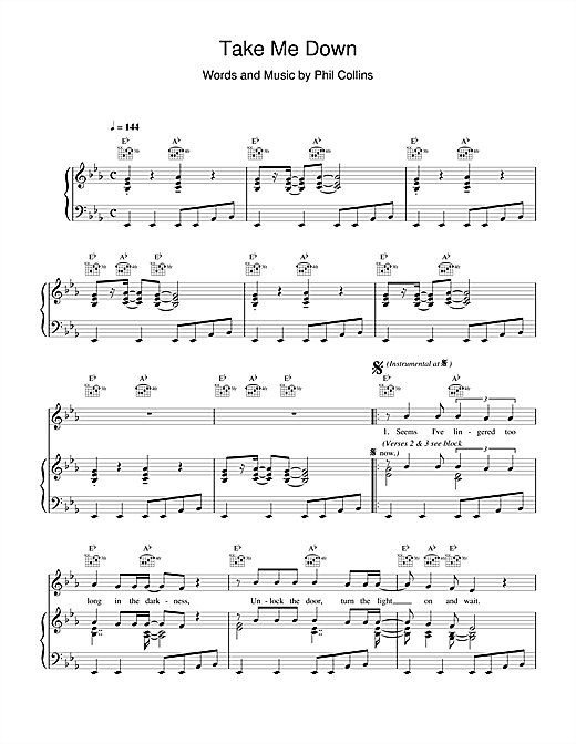 Preview Phil Collins Take Me Down Rock sheet music, notes and chords for Piano, Vocal & Guitar (Right-Hand Melody), SKU: 17667 sheet music, piano notes, chords, guitar tabs, score, transpose, transcribe, how to play, guide, download, learn, tutorial, progression, song, artist, awards, billboard, mtv, vh1, tour, single, album, release