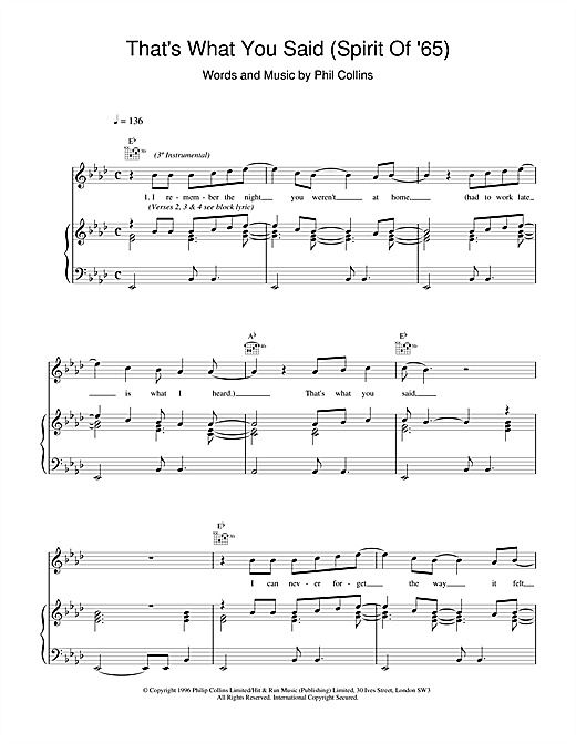 Preview Phil Collins That's What You Said (Spirit Of '65) Rock sheet music, notes and chords for Piano, Vocal & Guitar (Right-Hand Melody), SKU: 17668 sheet music, piano notes, chords, guitar tabs, score, transpose, transcribe, how to play, guide, download, learn, tutorial, progression, song, artist, awards, billboard, mtv, vh1, tour, single, album, release