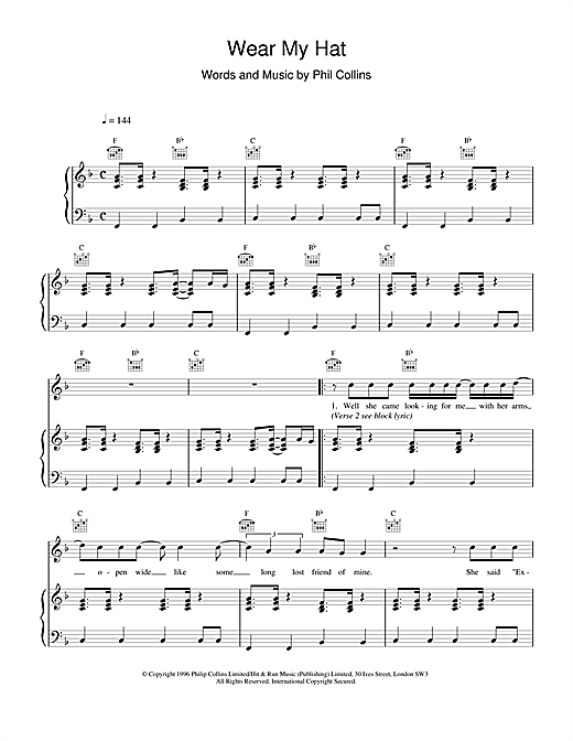 Preview Phil Collins Wear My Hat Rock sheet music, notes and chords for Piano, Vocal & Guitar, SKU: 17670 sheet music, piano notes, chords, guitar tabs, score, transpose, transcribe, how to play, guide, download, learn, tutorial, progression, song, artist, awards, billboard, mtv, vh1, tour, single, album, release