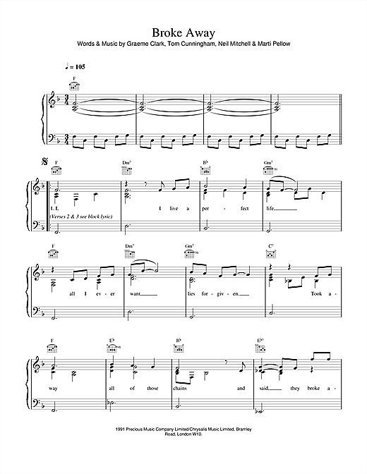 Preview Wet Wet Wet Broke Away Pop sheet music, notes and chords for Piano, Vocal & Guitar (Right-Hand Melody), SKU: 17674 sheet music, piano notes, chords, guitar tabs, score, transpose, transcribe, how to play, guide, download, learn, tutorial, progression, song, artist, awards, billboard, mtv, vh1, tour, single, album, release
